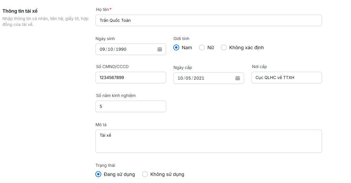 Thông tin tài xế