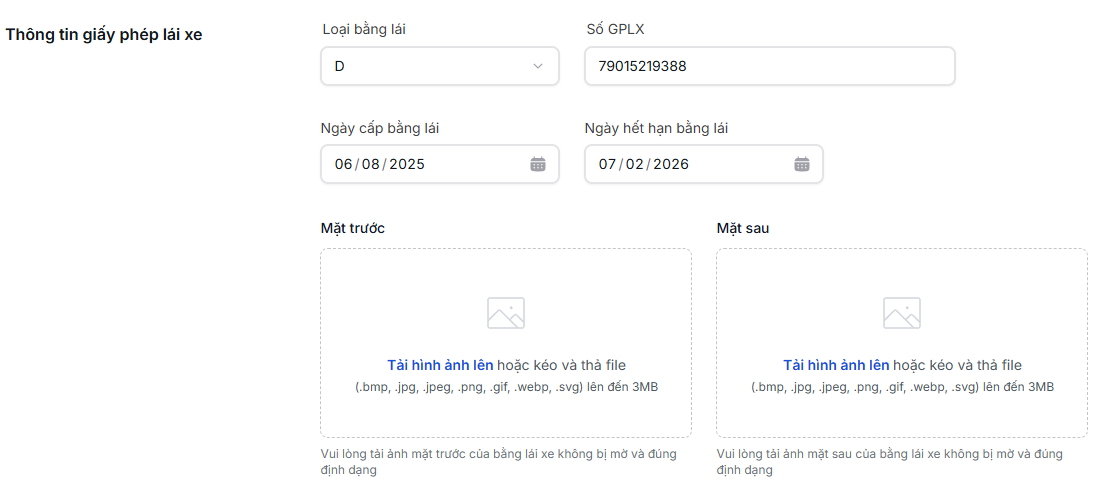 Thông tin giấy phép lái xe