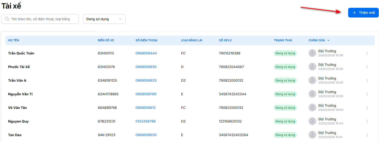 Nút tạo mới tài xế