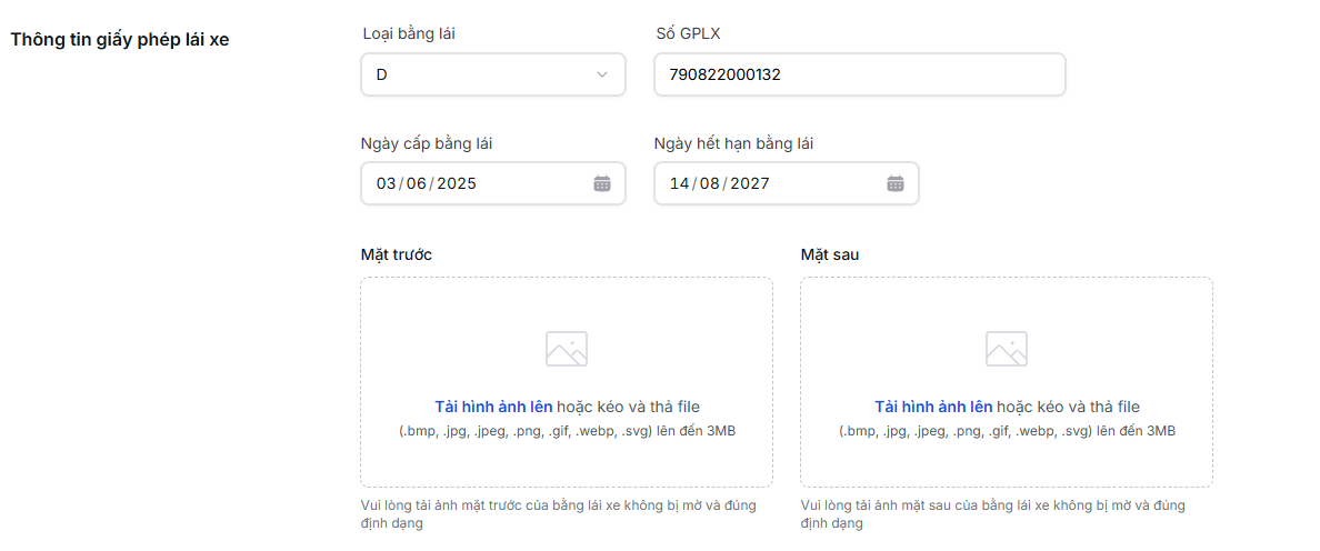 Thông tin giấy phép lái xe