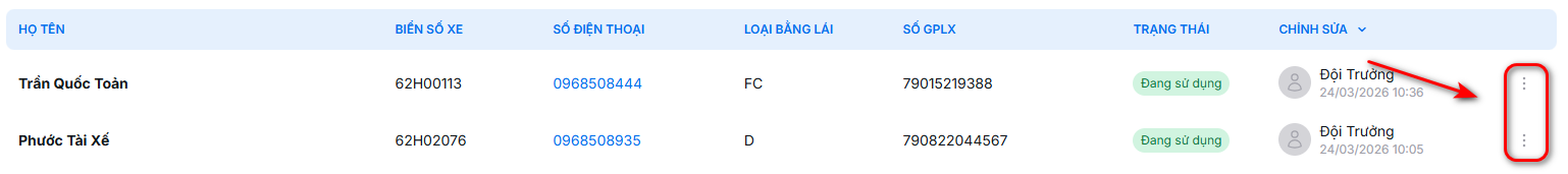 Giao diện quản lý tài xế