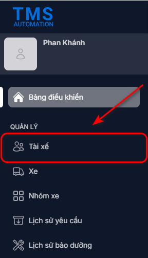 Truy cập tài xế từ menu