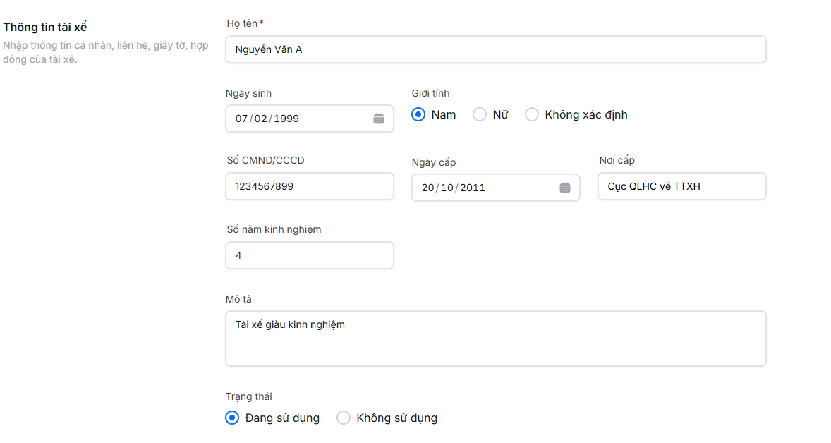 Thay đổi thông tin tài xế