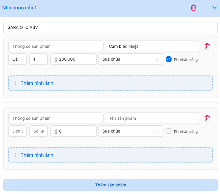 Điền thông tin sản phẩm
