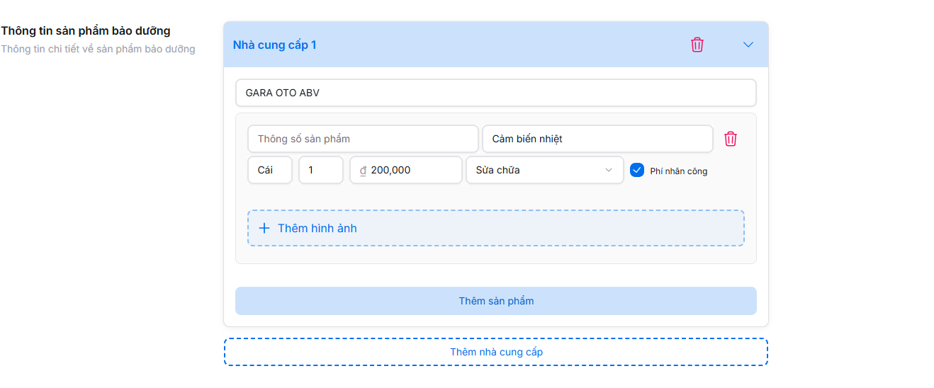 Chỉnh sửa thông tin sản phẩm bảo dưỡng