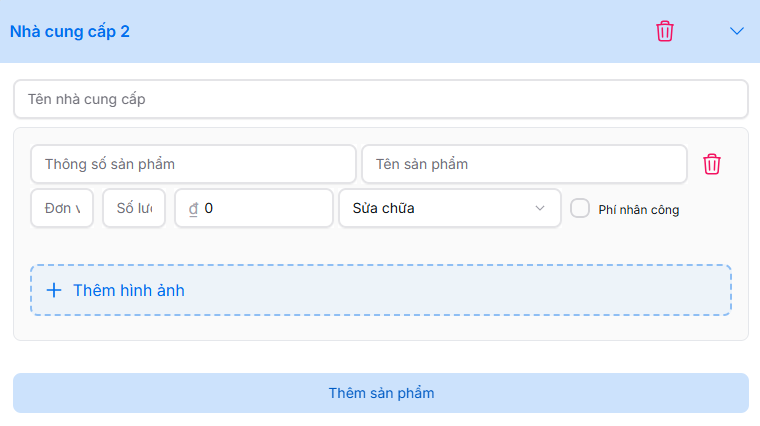 Điền thông tin nhà cung cấp
