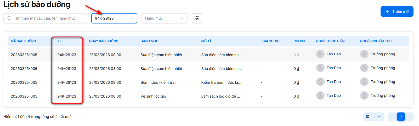 Kết quả bộ lọc theo biển số xe