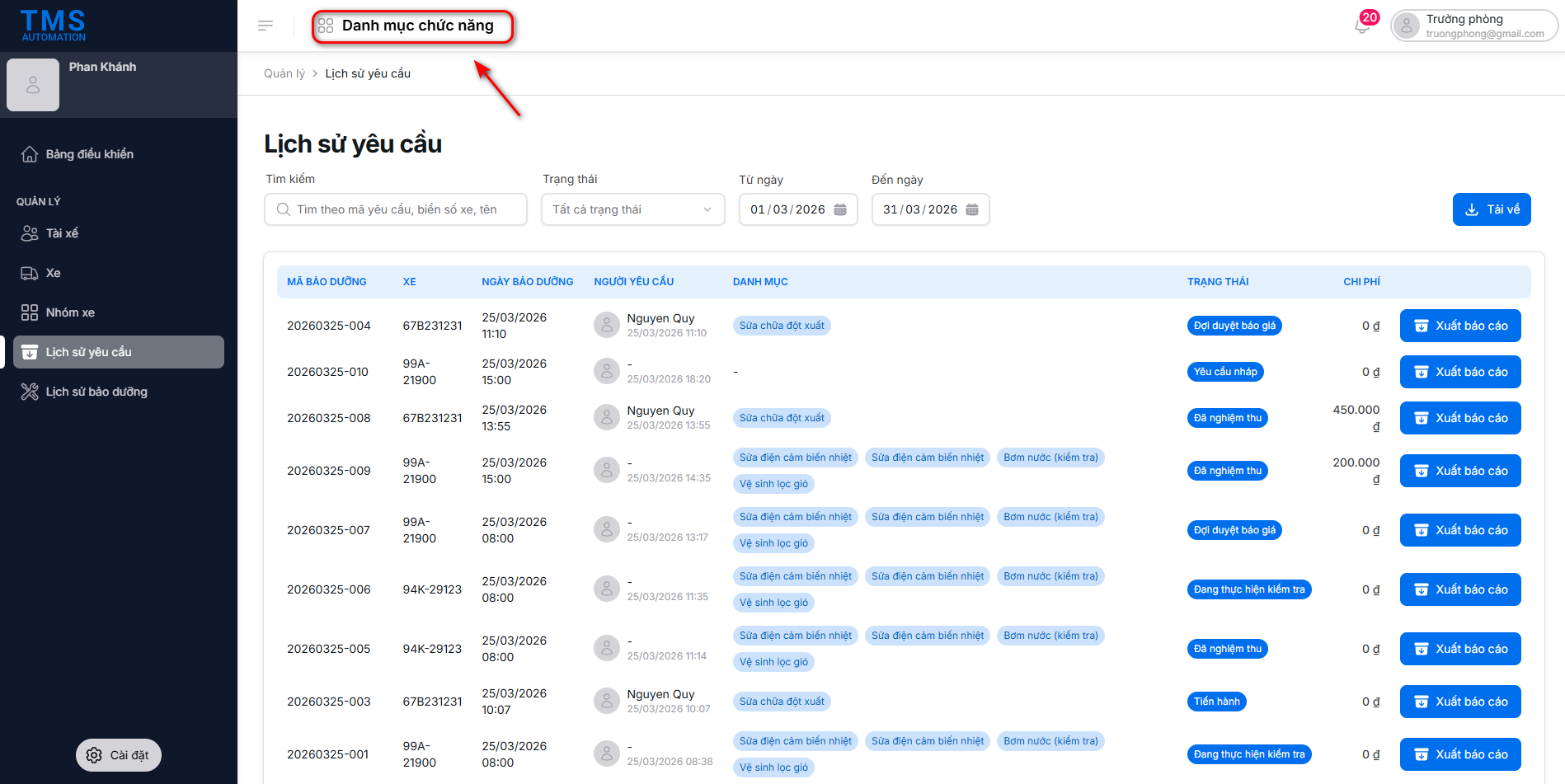 Truy cập danh mục chức năng