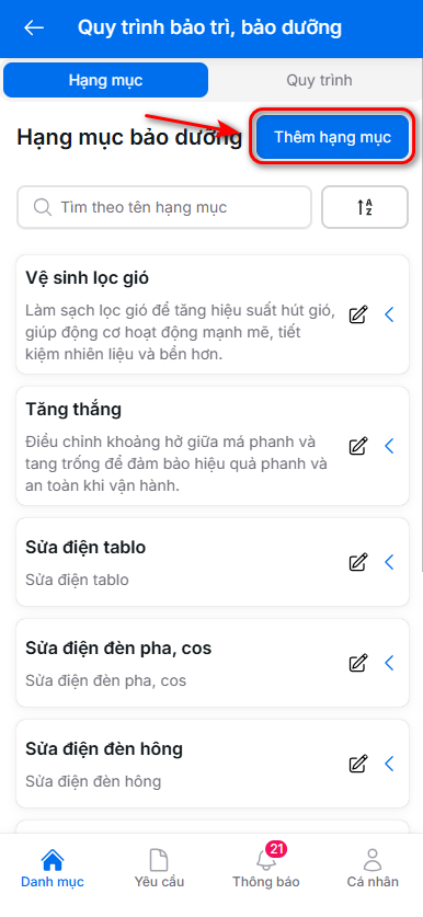 Nhấn thêm hạng mục
