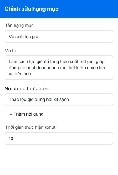 Thay đổi thông tin hạng mục