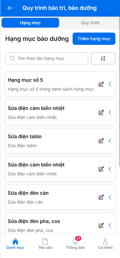 Màn hình hạng mục