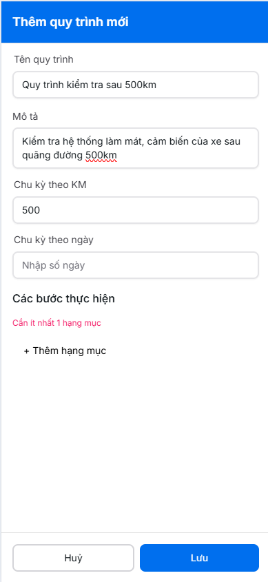 Biểu mẫu tạo mới quy trình
