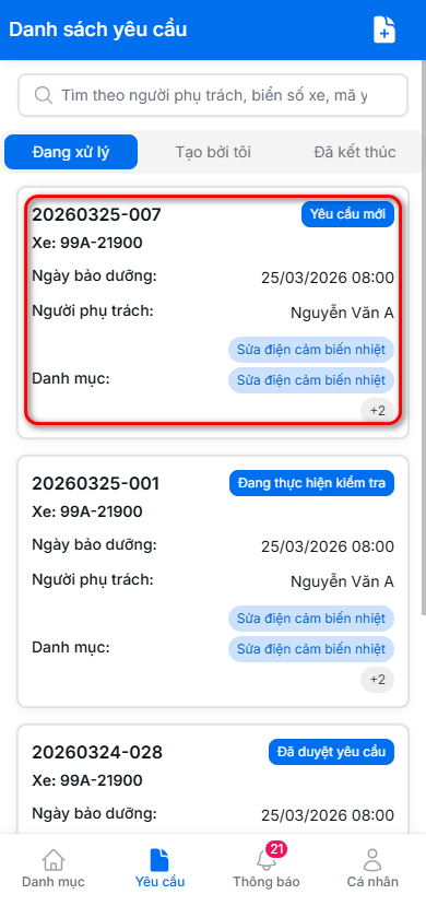 Dánh sách yêu cầu