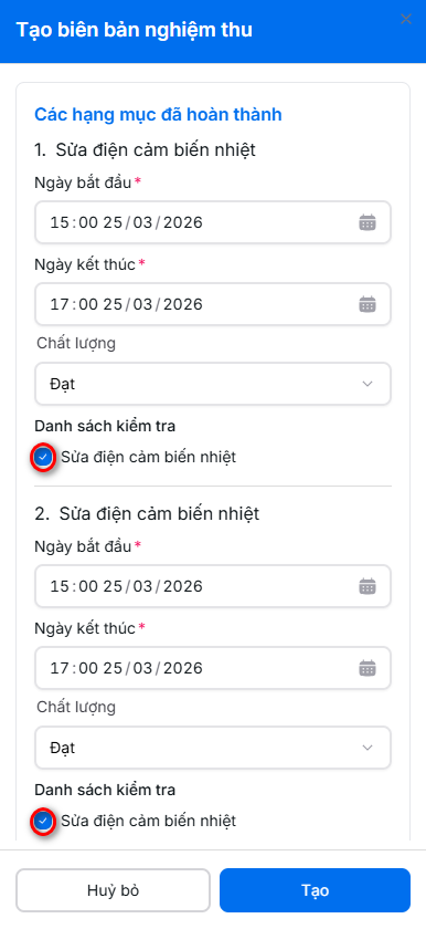 Thông tin biên bản nghiệm thu
