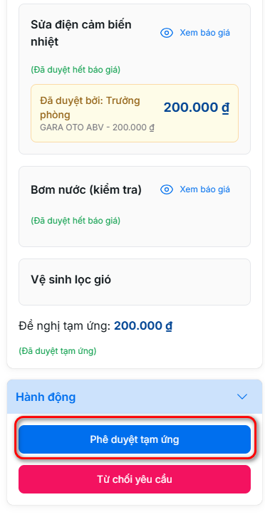 Phê duyệt tạm ứng