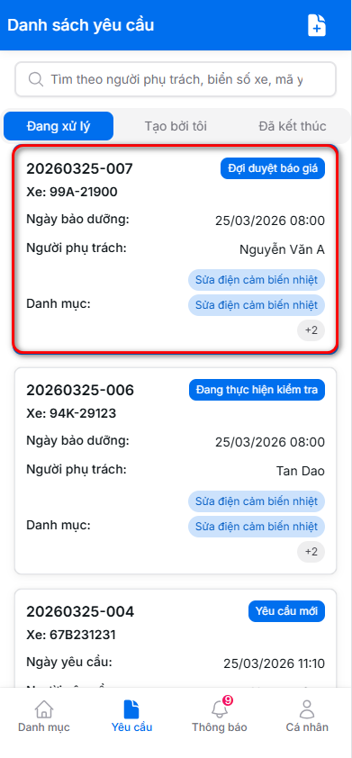 Danh sách yêu cầu