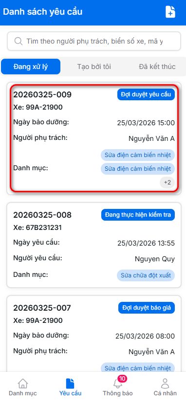 Danh sách yêu cầu