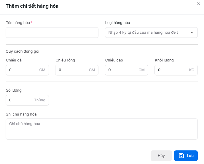 Form thông tin hàng hóa