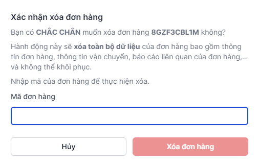 Popup xác nhận xóa đơn hàng