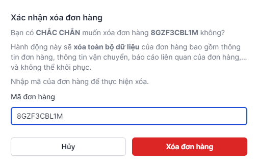 Xác nhận xóa đơn hàng đã điền mã