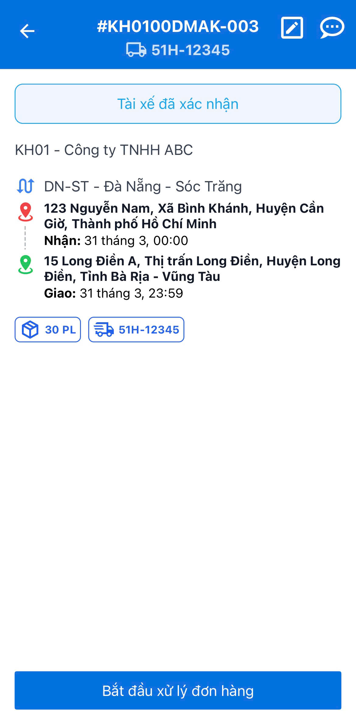 Bắt đầu xử lý đơn hàng