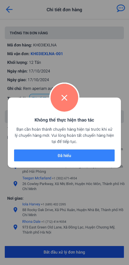 Giao diện lỗi khi xử lý số lượng đơn nhiều hơn quy định của doanh nghiệp