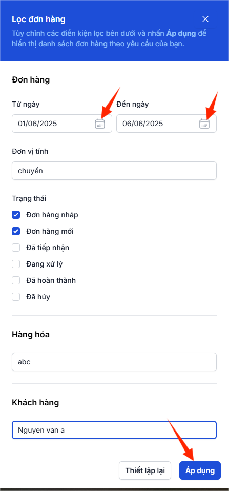 Bộ lọc đơn hàng