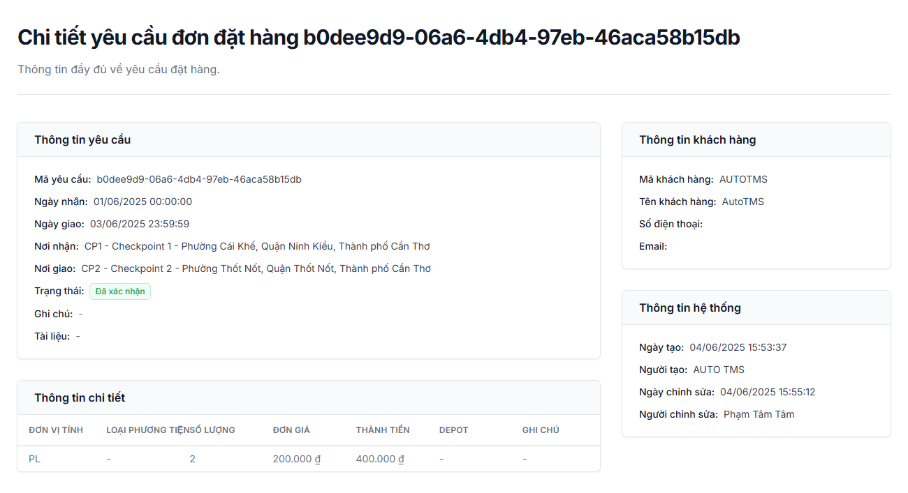 Màn hình chi tiết yêu cầu đặt hàng