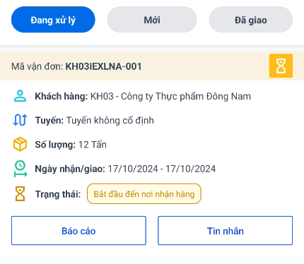 Giao diện đơn hàng đang được xử lý