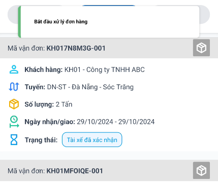 Thông báo bắt đầu xử lý đơn hàng thành công