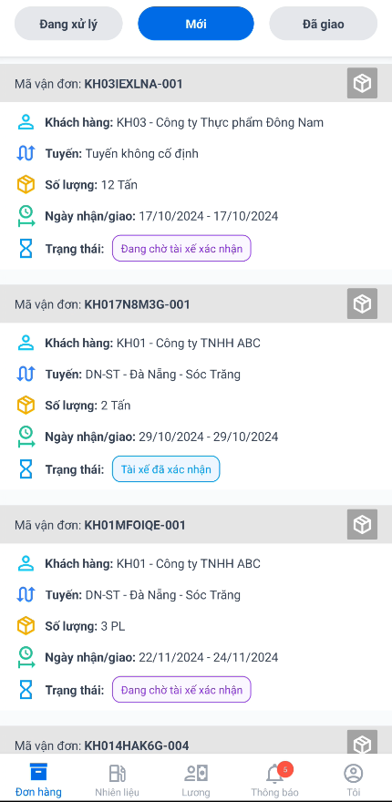 Giao diện hiển thị các đơn hàng Mới