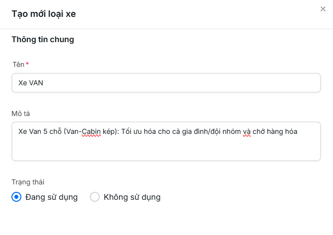 Thông tin loại xe