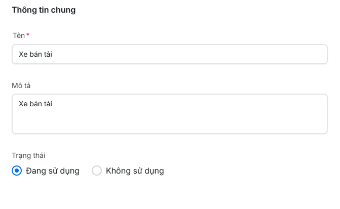 Màn hình chi tiết loại xe