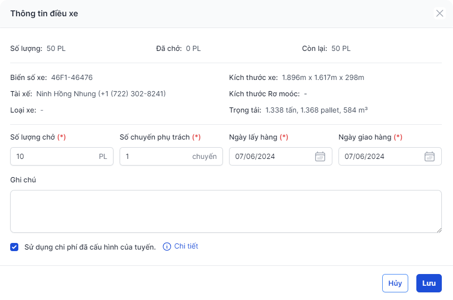 Form chi tiết điều xe