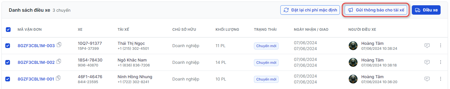 Gửi thông báo cho tài xế